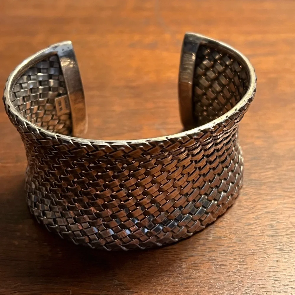Suarti BA 925 Sterling Silver Wide Basket Weave Cuff Bracelet